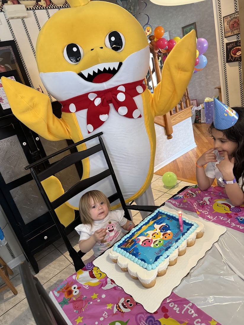 Baby Shark mascot character for birthday parties in San Jose