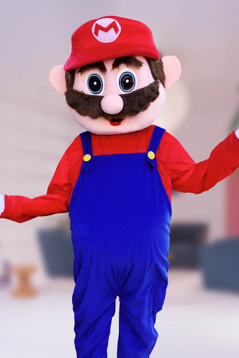 Mario mascot character posing at gaming birthday party in San Jose